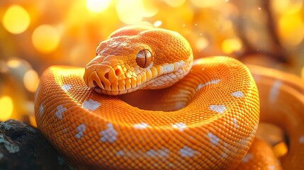 Fototapeta premium Captivating view of an orange snake, showcasing vibrant scales, curled and resting with warm lighting.