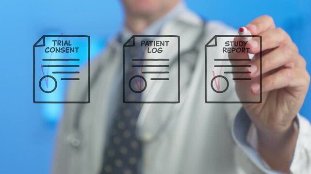 Healthcare practitioner in white coat selecting medical document icons including trial consent, patient log and study report on transparent digital display