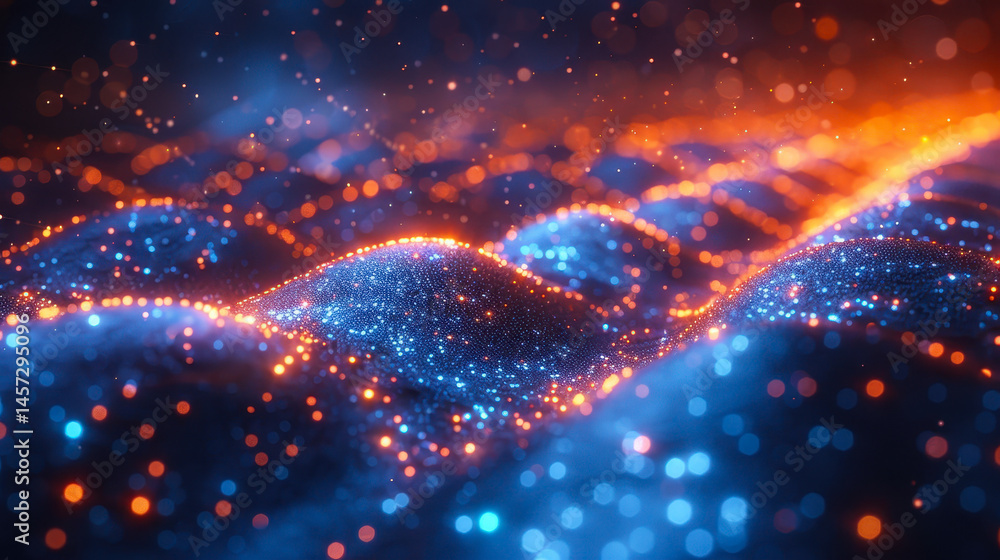 Poster abstract digital landscape with glowing binary lights: futuristic data visualization in blue and ora
