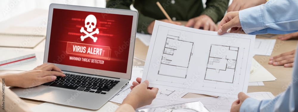 Poster virus warning alert on computer screen detected brisk cyber threat , hacker, computer virus and malw