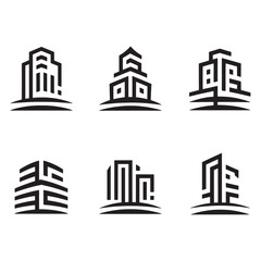 Obraz premium Modern Real Estate Building Icons Set, Minimalist Urban Architecture Logos