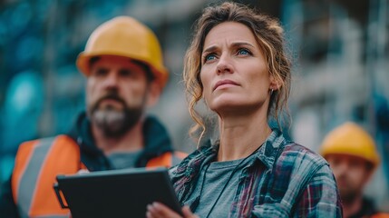 Confident Female Construction Manager Overseeing a Project Site with Workers