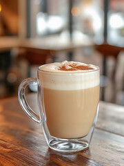 Coffee latte in clear glass mug on wooden table
