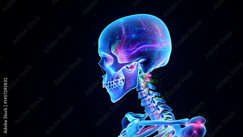 Poster a colorful digital representation highlights the complexity of human anatomy, showcasing a skeleton 
