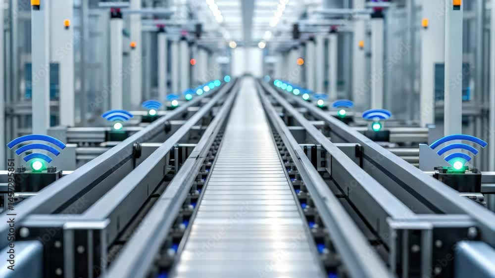Poster digital transformation with industry 4.0, a conveyor system with illuminated signals, showcasing a m