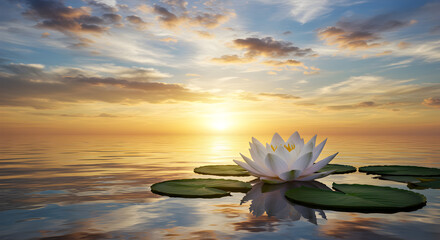 Water Lily Bloom on Reflective Pond Water at Sunset Featuring Lily Pads
