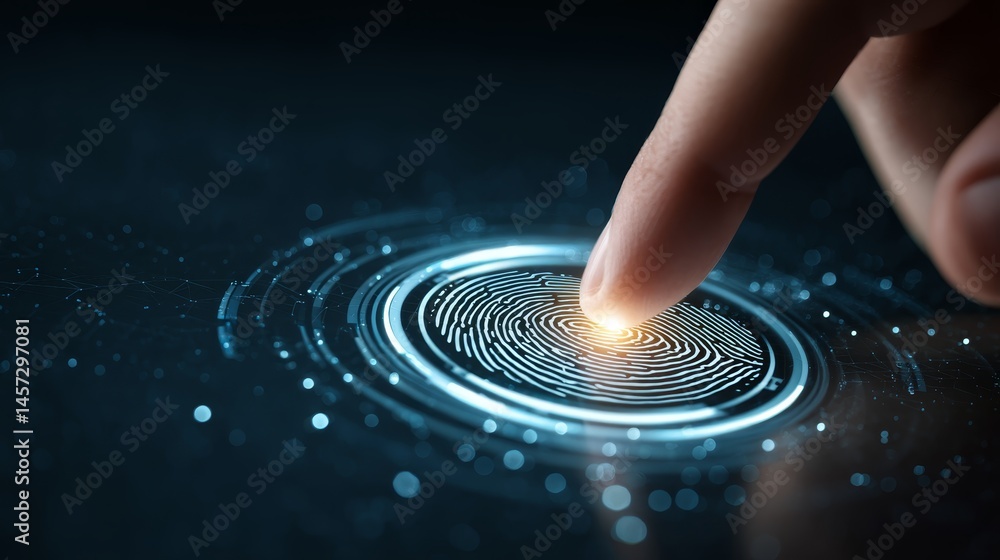Poster fingerprint biometric authentication button. digital security concept