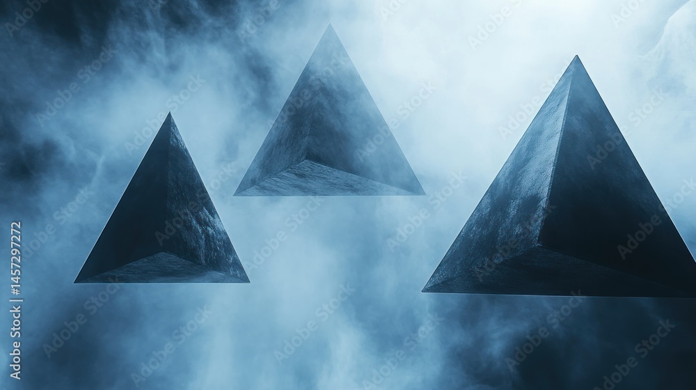 Aufkleber three floating geometric pyramids surrounded by atmospheric wispy clouds