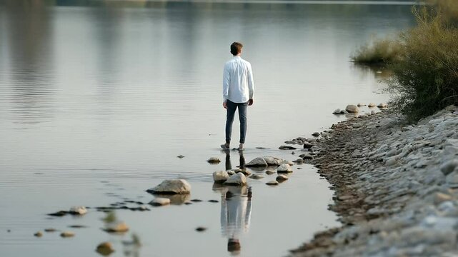 A man skipping stones at a quiet riverbank during evening light