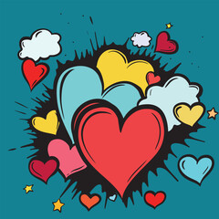 Graphic vector poster. Square blue background and bright stylized hearts. The poster is suitable for decorating your Valentine's Day project.