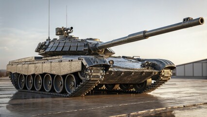 Tank Displayed Prominently on Wet Surface at a Military Base Generative AI