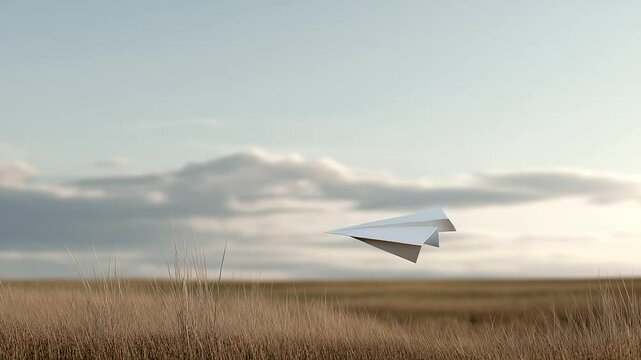 A paper airplane soaring above an empty field representing freedom and simplicity