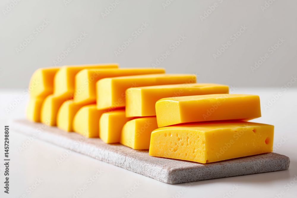 Poster square cheese sheets cut uniformly and arranged with precision on a clean white surface. concept of 