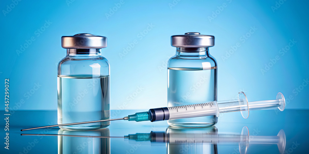 Poster two clear vials with liquid are positioned alongside a syringe on a shiny surface. the soft blue bac