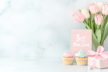 Mother's day celebration with pink tulips, cupcakes, and gift box