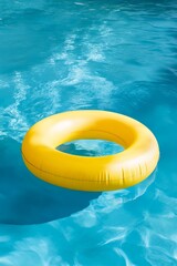 A vivid yellow swimming pool ring float is drifting in sparkling blue water under the warm sun. This vibrant scene evokes a feeling of relaxation and summer fun