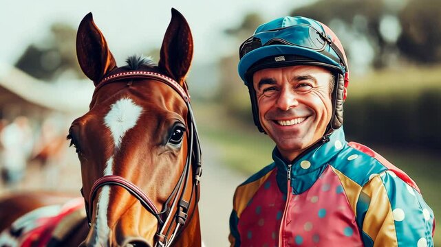Colorful jockey smiles with horse at racetrack during vibrant racing day
