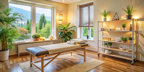 A well-lit therapy room features a massage table, lush greenery, and calming decor. Large windows offer a view of rolling hills, creating a serene atmosphere for relaxation and rejuvenation