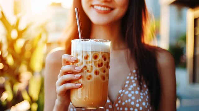Woman enjoys refreshing bubble tea outdoors during a sunny afternoon in a stylish setting with vibrant greenery