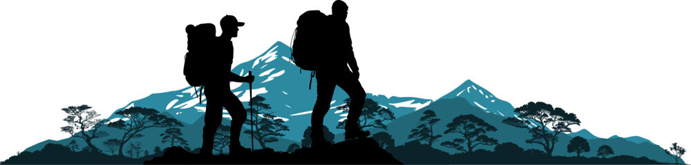 Vektor Silhouette Körper Design Element - Zwei Bergsteiger Wanderer - Landschaft mit Bergen und Felsen - Wunderschöne Aussicht auf das Gebirge