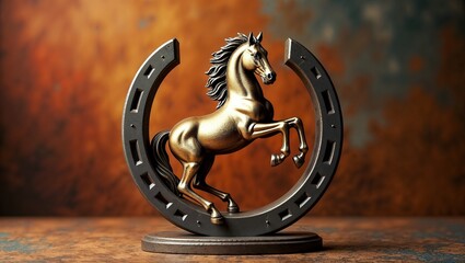 Elegant golden Horse Statue in Horseshoe Frame - Unique Home Decoration"