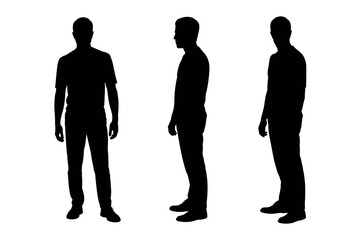 Male Silhouette in Three Standing Poses on White Background