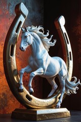 Elegant white Horse Statue in Horseshoe Frame - Unique Home Decoration.
