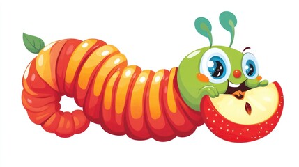 Whimsical worm chomps on apple slice with delight, adorned with bright colors