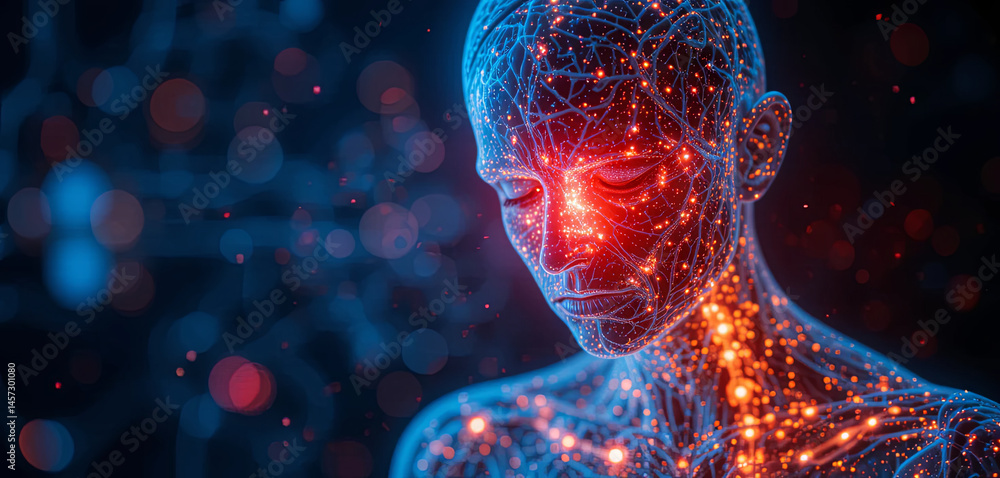 Poster a digital human figure glows with intricate lines and particles, showcasing a blend of colors in a f