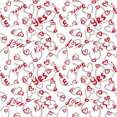Seamless abstract holiday pattern. Simple background in red, black, white colors. Hearts, lettering. Digital texture. Illustration. Design for textile fabrics, wrapping paper, wallpaper, cover.
