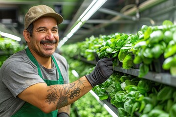 A smiling man tending to lush green plants in a greenhouse