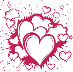 Graphic vector poster. Square illustration and bright stylized hearts in red. The poster is suitable for decorating your Valentine's Day project.