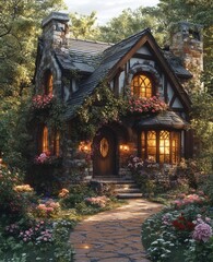 Fototapeta premium Cozy stone cottage nestled in lush forest garden at dusk; ideal for fairytale themed projects