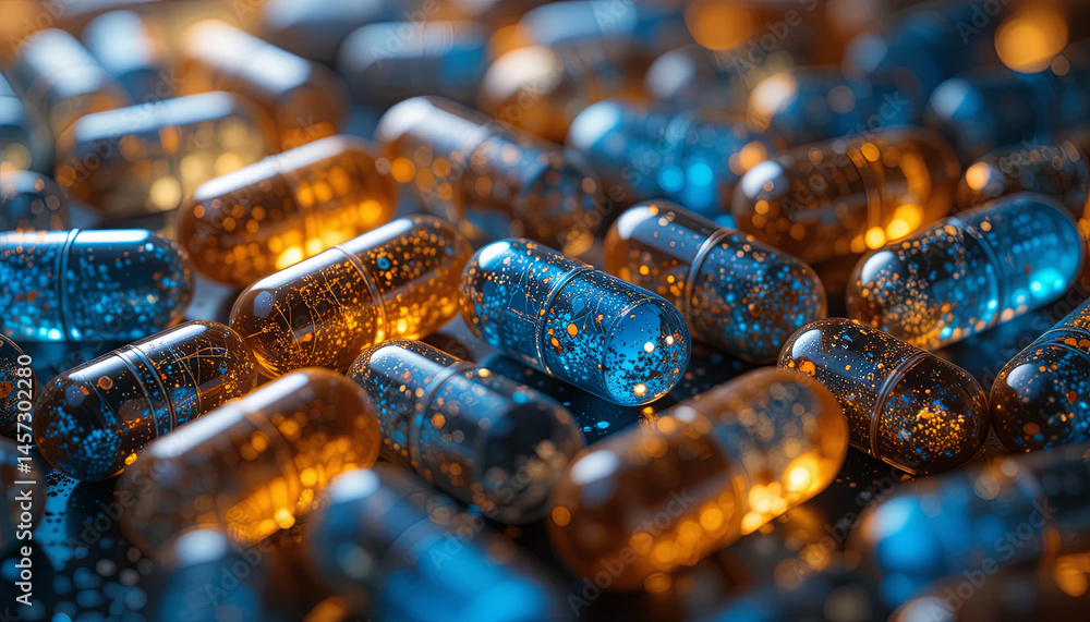 Poster a multitude of capsules featuring vibrant blue and orange colors rests closely together. each capsul