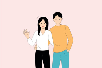 An Illustration of a Happy Couple Set Against a Charming Pink Background Full of Colorful Details