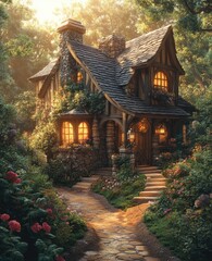 Fototapeta premium Cottage, forest, sunrise, garden, path, home, tranquility, escape