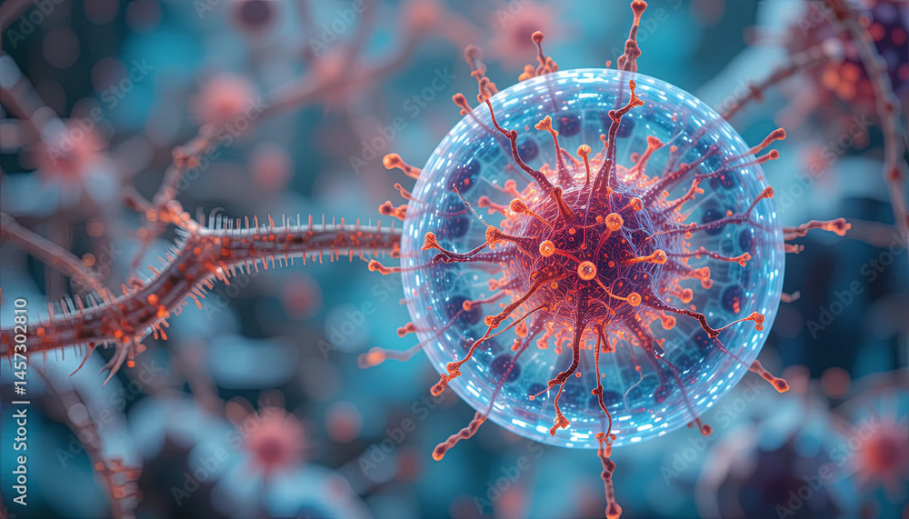 Poster this close-up view illustrates a virus cell with an intricate design, displaying spikes and a spheri