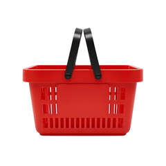 Red Plastic Shopping Basket with Black Handle on Transparent Background.