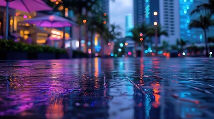 Wet pavement reflecting city lights at nighttime with buildings