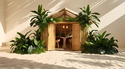 Tropical Bamboo Beach Cafe Pop-Up With Lush Greenery, Summer Event Decor, Island Bar Concept, Outdoor Hospitality Design, Resort Marketing Visual