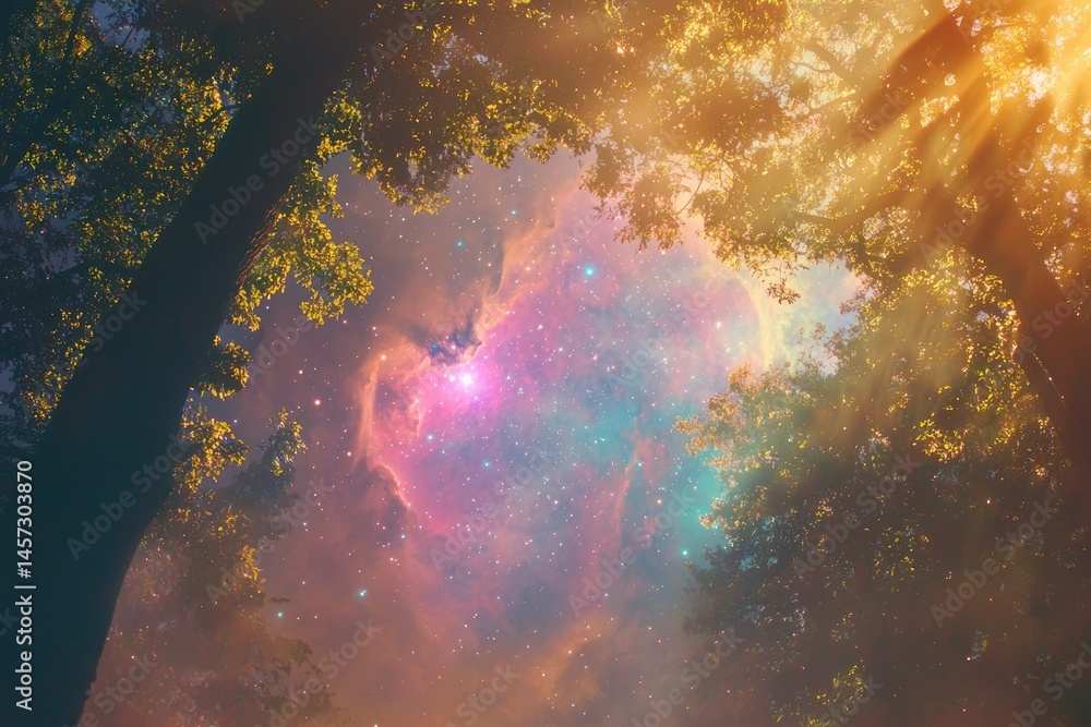 Poster a mesmerizing blend of forest canopy and cosmic nebula, creating a surreal and dreamlike atmosphere.