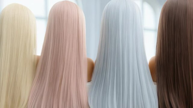 Colorful straight wigs in a row, showcasing a variety of hues for hair styling, wigs for fashion, beauty and cosplay