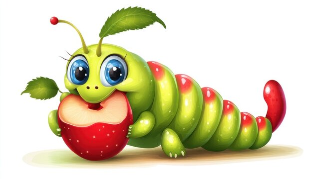 Smiling green caterpillar eating a red apple with two little leaves on white background