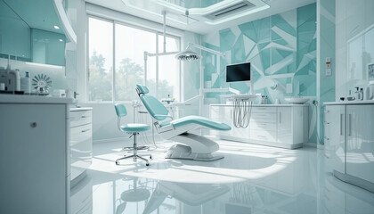 A dental clinic showcases contemporary design with mint-colored walls and ample natural light. The well-equipped space includes a dental chair, monitor, and tools, creating a welcoming environment