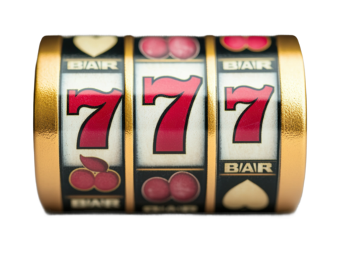 Slot machine jackpot with triple sevens on display, cut out - stock png.