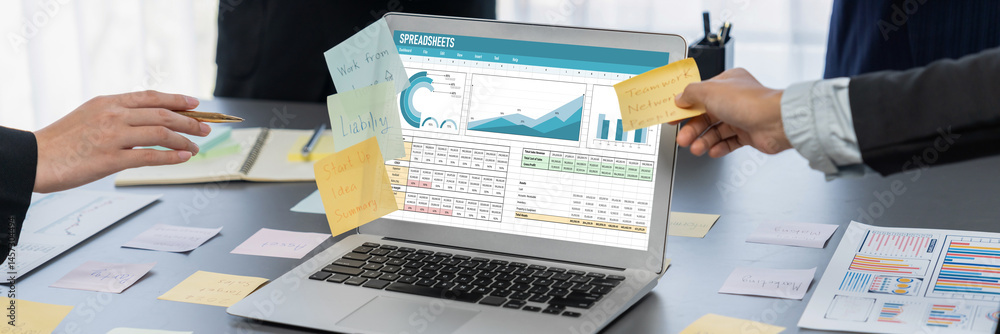 Poster spreadsheet document information financial startup concept. data and graphs in spreadsheet documents