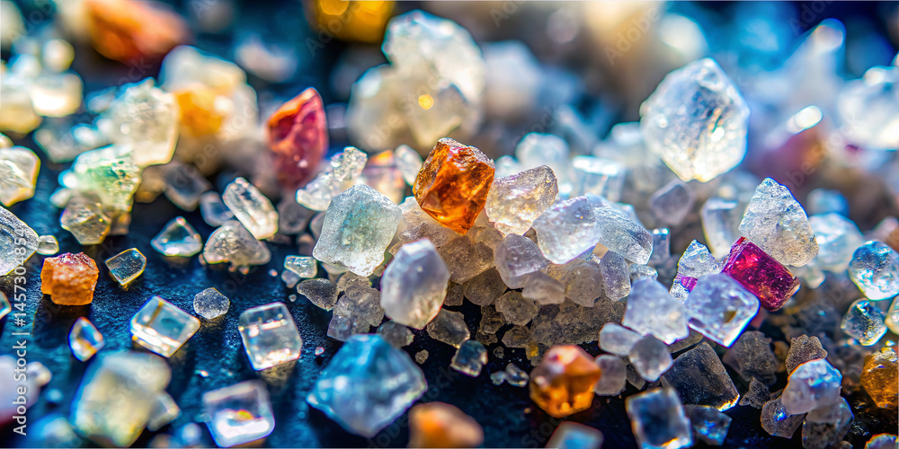 Poster Vibrant crystals in various shapes and sizes are scattered across a dark surface, showcasing a stunning array of colors and textures in this close-up view of mineral formations