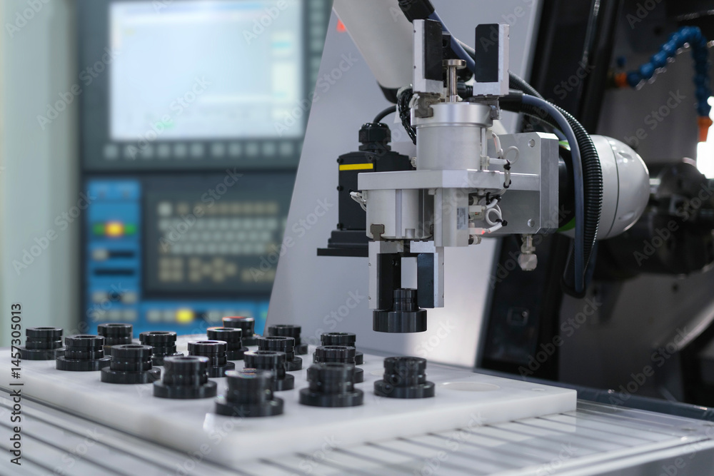 Aufkleber close up industrial automation gripping robot working with metalwork on cnc machine on smart manufac