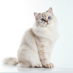A fluffy white cat with striking blue eyes sitting on a white surface looking up with a curious expression