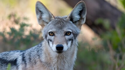Obraz premium A close-up portrait of a focused coyote, showcasing its intense gaze and distinctive features. The wild canine's piercing eyes and attentive posture draw the viewer in.